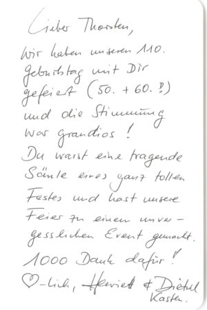 Referenz als DJ bei 110. Doppelgeburtstag. Die Stimmung war grandios! Du warst eine tragende Säule eines ganz tollen Festes und hast unsere Feier zu einem unvergesslichen Event gemacht.